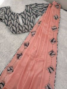 Elegant Peach Saree with Printed Designer Blouse