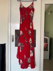 Red Floral Maxi Dress with Slit