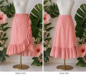 🩷Coral Striped Ruffle Wrap Skirt