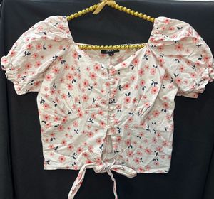 Zara Floral Tie-Front Puff Sleeve Top