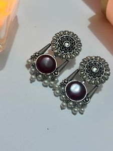 Ethnic Oxidized Silver Earrings with Maroon Stones