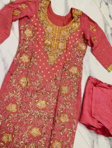 zardozi Embroidered carrot pink Kurta shalwar Set