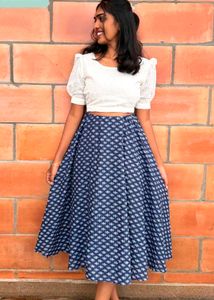 Hakoba Chic Blue Printed Skirt and top (M)