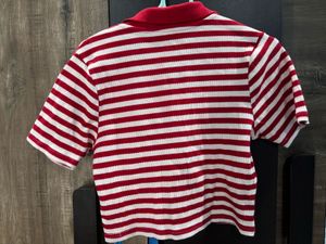 Striped Cropped Polo Neck Top