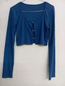 Blue Cropped Cardigan with Buckle Detail
