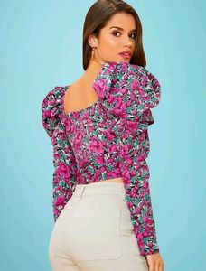 Chic Multicolor Floral Puff Sleeve Crop Top Women