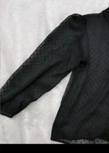 Chic Black Sheer Dot Puff Sleeve Top