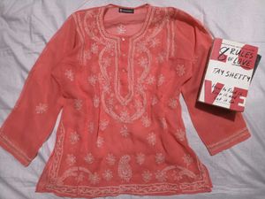 Coral Elegance Embroidered Kurti 🧡🌿