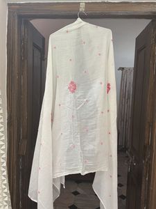 Elegant White pure Mul Kurta with Pink Bird Embroi