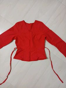 V-Neck Red Flared Sleeve Top