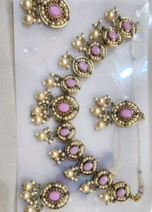 Elegant Pearl &amp; Pink Stone Jewellery Set