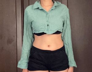Green Checked Cropped Shrug Shirt for Women