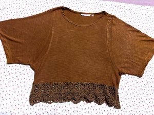 Brown Cropped Top with Lace Detail