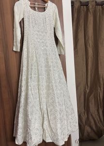 White Party Wear Anarkali Gown &amp; Dupatta