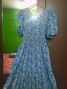 Blue Floral Smocked Midi Dress