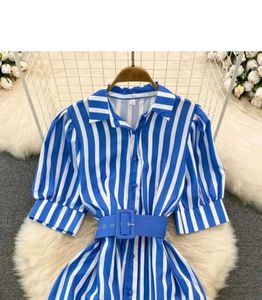 Blue & White Striped Shirt Dress with Belt