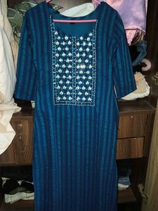 Blue Striped Kurta with Embroidery