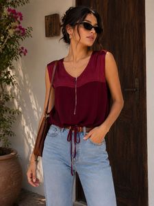 Burgundy Zip-Front Sleeveless Top