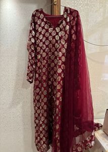 Elegant Red Kurta Set with Golden Polka Dots