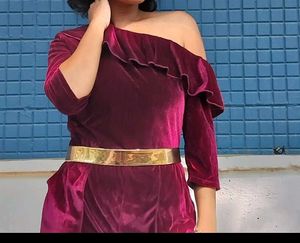 Velvet One-Shoulder Ruffle Jumpsuit Dress