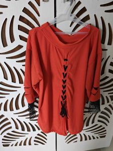Orange Lace-Up Knit Top with Mesh Sleeves