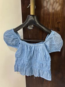 Blue Puff Sleeve Lace-Up Crop Top