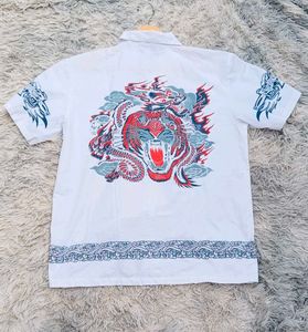 vintage Dragon Print White Short Sleeve Shirt
