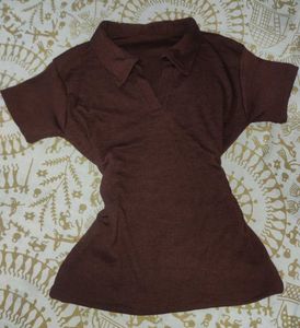 Brown Collared Crop Top