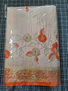 Elegant Cream &amp; Orange Embroidered Saree