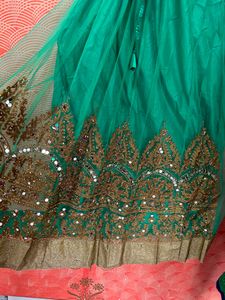 Green Heavy Skirt With Golden Cut Top
