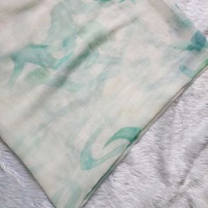 White Dupatta with Green Floral Print