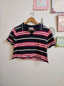 Striped Cropped Polo Shirt