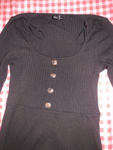 Ribbed Black Button-Up Flare Dress