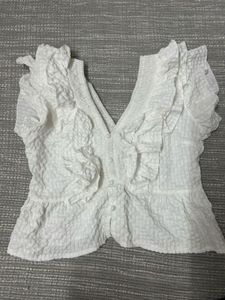 Women's White Ruffled V-Neck Top, Size-S