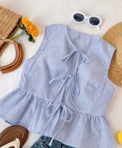 Blue Striped Tie-Front Peplum Top