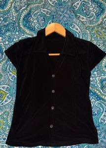 Classic Black Short Sleeve Button-Up Top