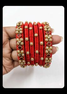 Red Silk Thread Bangles with Pearls &amp; Stones