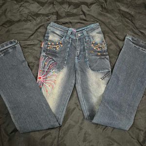Embellished Flare Jeans bootcut Y2K mid waist