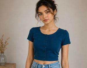 Teal Blue Button-Up Cropped Top