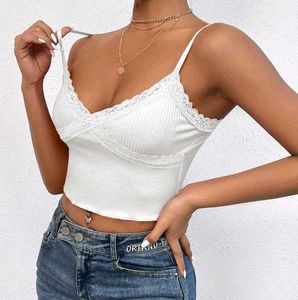 H&amp;M Cream Ribbed Lace Trim Camisole Top