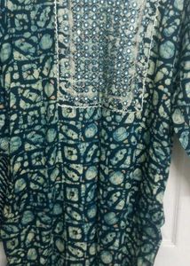 Elegant Teal Printed Kurta with Mirror Work