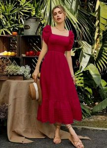 Chic Red Square Neck Puff Sleeve Midi Dress