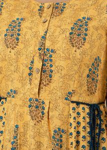 INDYA Mustard Printed Side-Tie A-Line Kurta