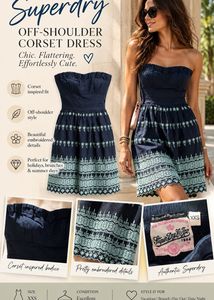SUPERDRY Navy Blue Strapless Embroidered Dress XXS