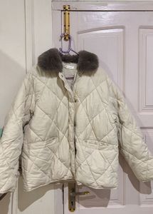 Cream Quilted Puffer Jacket with Fur Collar