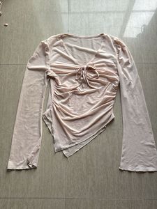 Sheer Ruched Tie-Front Top