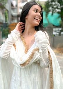 Elegant White Ethnic Gown with Gold Trim