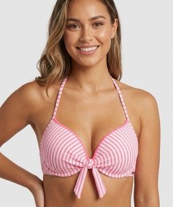 Chic Pink & White Striped Tie-Front Halter Bikini
