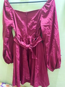 Maroon Puff Sleeve Square Neck Dress