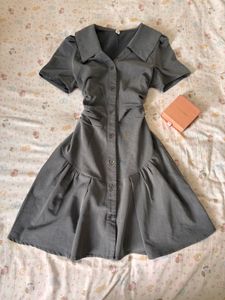Chic Grey Button-Up korean dress